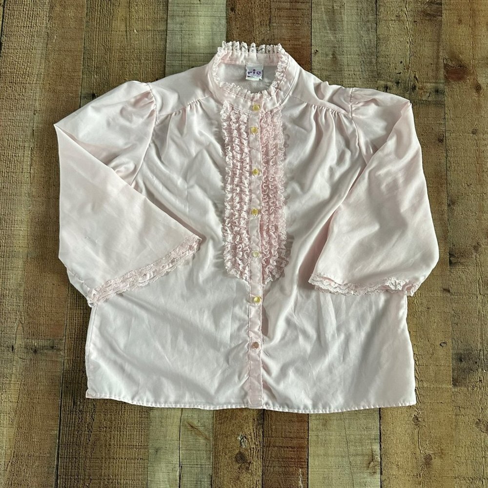 Rio vintage 70's pink ruffle front button down blouse women's xl